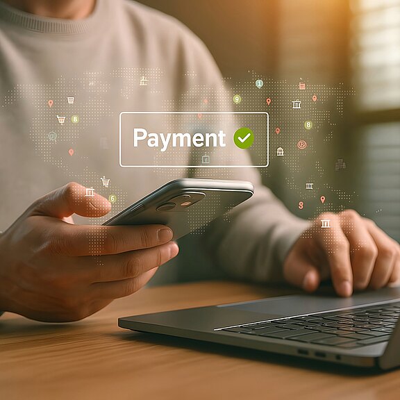 Hände bedienen Smartphone neben aufgeklapptem Laptop; eine Einblendung mit dem Wort Payment und grünem Häkchen zeigt die erfolgreiche Bestätigung einer Online-Zahlung.