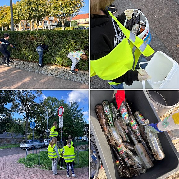 Mehrere Personen in Warnwesten sammeln Müll im öffentlichen Raum: Sie bücken sich an einer Hecke, greifen mit Handschuhen Flaschen und füllen sie in einen Eimer. Eine Kiste zeigt viele gesammelte Flaschen. An einem Verkehrsschild wird ebenfalls aufgeräumt.