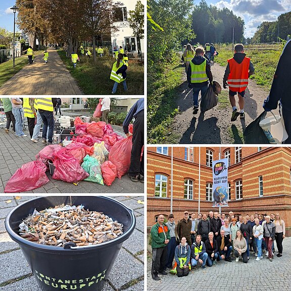 Collage einer Müllsammelaktion: Freiwillige in Warnwesten sammeln Abfall in Grünflächen und auf Wegen; rote Säcke voller Müll; ein Eimer mit Zigarettenstummeln; abschließendes Gruppenfoto vor einem Backsteingebäude.