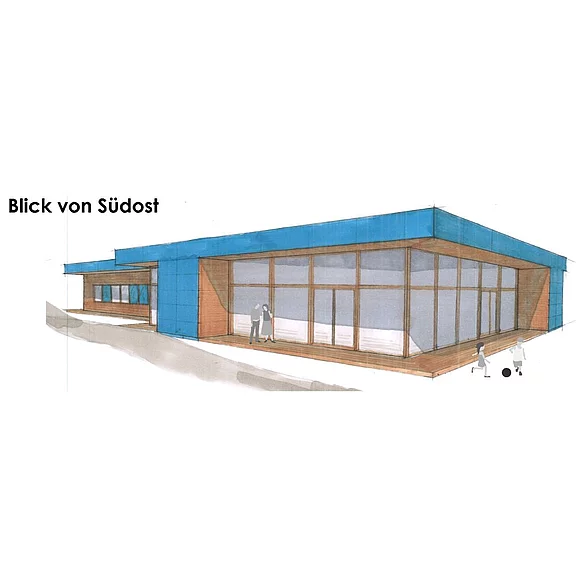 Architektur-Visualisierung: Flaches, modernes Gebäude mit großer Glasfassade und blauen Dach- und Wandelementen, holzgerahmt. Ansicht aus Südosten; wenige Personen davor zur Größenorientierung.