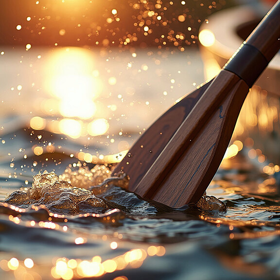 Ein Holzpaddel taucht ins Wasser, während Sonnenlicht darauf reflektiert. Spritzer fliegen auf, was den Eindruck von Bewegung und Aktivität vermittelt. Die Szene vermittelt eine entspannte, naturnahe Atmosphäre.