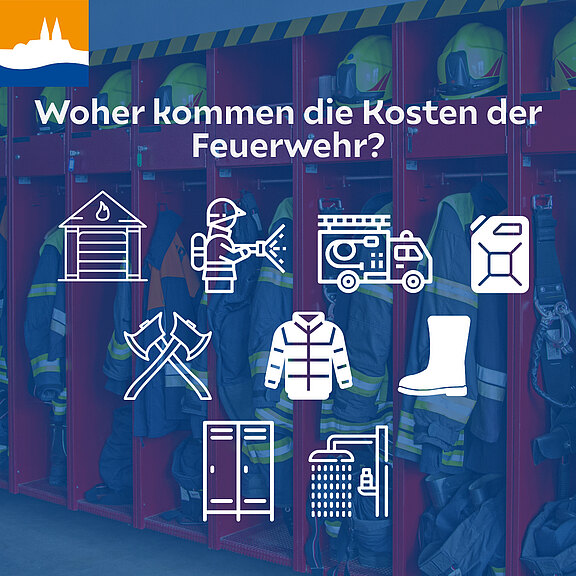 Das Bild zeigt eine feuerwehrtechnische Umgebung mit Feuerwehrhelmen, -anzügen und -geräten. Die Überschrift fragt nach den Kosten der Feuerwehr und illustriert verschiedene Aspekte wie Ausrüstung, Fahrzeuge und notwendige Materialien, dargestellt durch einfache Symbole.