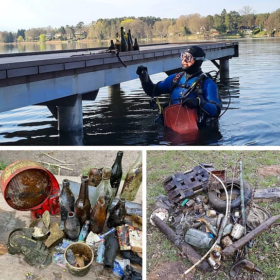 Ein Taucher sammelt Müll aus einem See und legt ihn am Steg ab. Unten zeigen zwei Fotos die geborgenen Abfälle: Glasflaschen, Dosen, Reifen und Schrott. Botschaft: Gewässerreinigung und Umweltschutz.