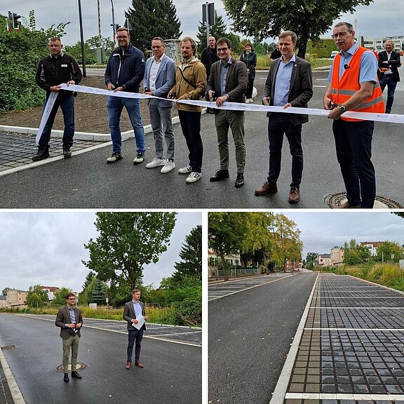 Collage zur Straßeneröffnung: Eine Gruppe hält ein Band über einer frisch asphaltierten Fahrbahn, daneben kurze Ansprachen am Straßenrand. Weitere Bilder zeigen den neuen Straßenabschnitt mit Pflasterflächen und markierten Bereichen.