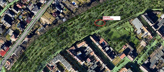 Luftbildkarte eines Stadtviertels mit langem Grünstreifen. Ein roter Kreis mit Beschriftung „Standort Stolpersteine“ markiert eine Stelle im Park, nahe hinteren Hauszeilen und Wegen. Der Fokus liegt auf der markierten Position in der Grünanlage zwischen Wohnhäusern.