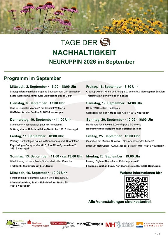 Plakat: Tage der Nachhaltigkeit, Neuruppin 2026 im September. Auflistung zahlreicher Termine mit Datum, Uhrzeit und Ort über den Monat verteilt; Themen rund um Umwelt, Stadtführungen, Workshops und Aktionen. Hinweis: Alle Veranstaltungen sind kostenfrei. QR‑Code für weitere Infos.
