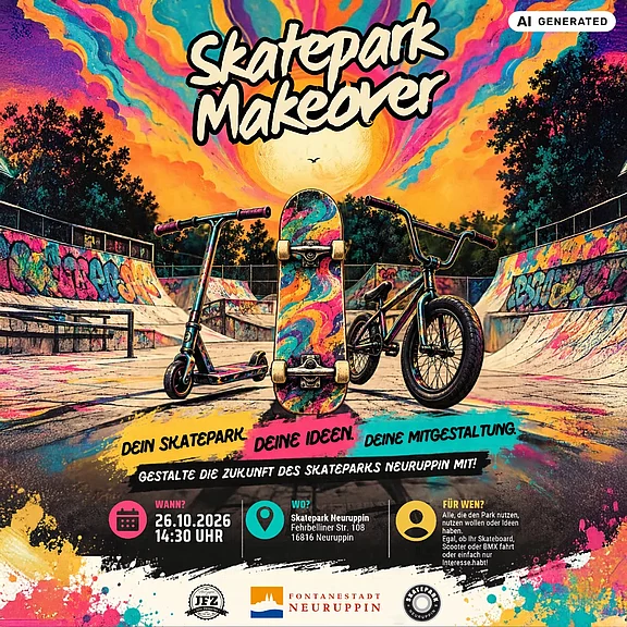 Plakat: Skatepark Makeover. Buntes Skateparkmotiv mit Scooter, Skateboard und BMX. Aufruf: Dein Skatepark, deine Ideen – gestalte den Skatepark Neuruppin mit. Termin: 26.10.2026, 14:30 Uhr. Ort: Skatepark Neuruppin, Fehrbelliner Str. 18. Zielgruppe: Kinder und Jugendliche, Teilnahme kostenlos.