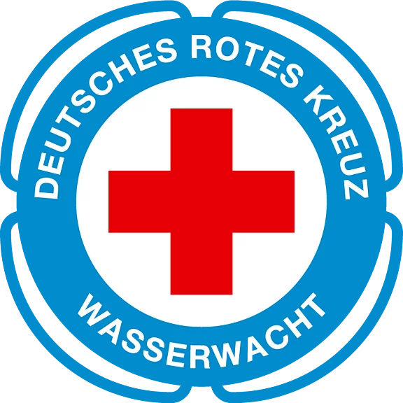 Das Bild zeigt das Logo der Wasserwacht des Deutschen Roten Kreuzes. Es besteht aus einem weißen Kreis mit einem roten Kreuz in der Mitte, umgeben von einem blauen Ring. Im oberen Teil steht "DEUTSCHES ROTES KREUZ" und im unteren Teil "WASSERWACHT".