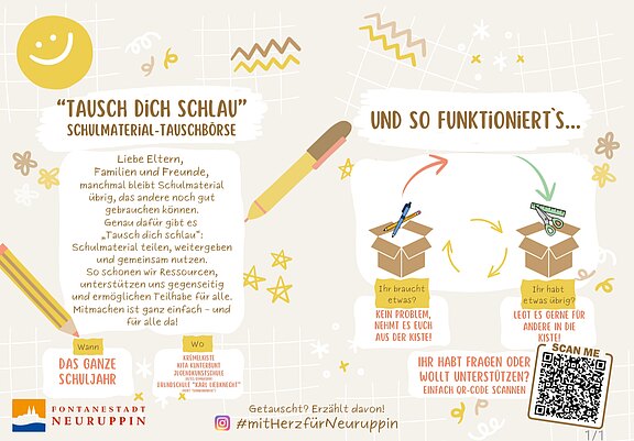 Plakat zur Schulmaterial-Tauschbörse Tausch dich schlau in Neuruppin: Bringe ungenutzte Stifte, Hefte usw. in eine Box, nimm mit, was du brauchst – kostenlos, das ganze Schuljahr. Ziel: Teilen, weitergeben, Müll vermeiden. QR-Code für Fragen und Unterstützung.