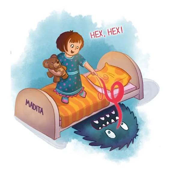 Ein kleines Mädchen steht auf ihrem Bett, hält einen Teddy und schwingt einen Zauberstab. Es ruft „Hex, hex!“ und vertreibt ein zotteliges Monster, das unter dem Bett hervorlugt und Zähne zeigt. Szene vermittelt Mut statt Angst.