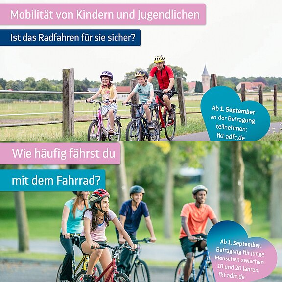 Jugendliche und Kinder fahren mit Helmen Fahrrad auf Landstraße und in der Stadt. Das Motiv wirbt für eine Umfrage ab 1. September zur Mobilität junger Menschen: Ist Radfahren sicher und wie oft fährst du?