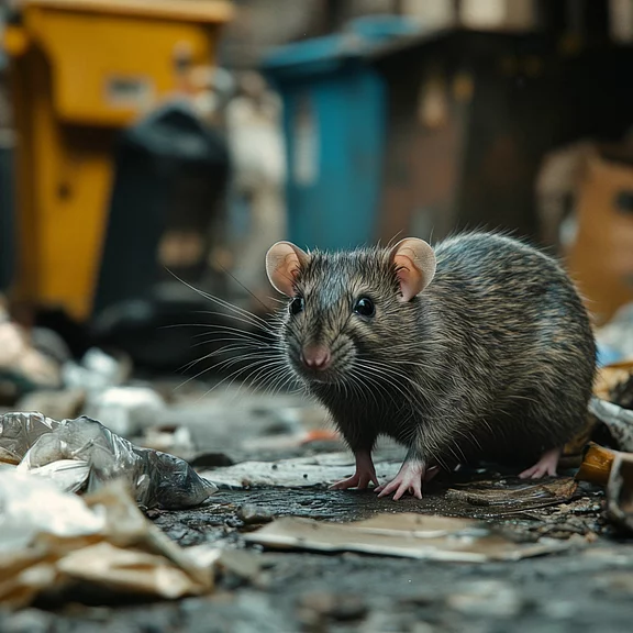 Eine graue Ratte sitzt auf dem Boden zwischen Müll, in einer städtischen Umgebung. Sie hat große, auffällige Ohren und schaut neugierig in die Kamera. Der Hintergrund zeigt unsaubere Bedingungen.