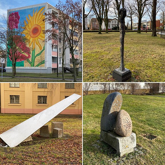 Collage mit vier Kunstwerken im öffentlichen Raum: 1) großes Wandgemälde mit Sonnenblume und anderen Blüten an Wohnhaus; 2) schlanke Figurenskulptur auf Sockel im Park; 3) lange schräge Platte auf zwei Steinen; 4) abstrakte, teils durchlöcherte Steinskulptur auf Sockel.