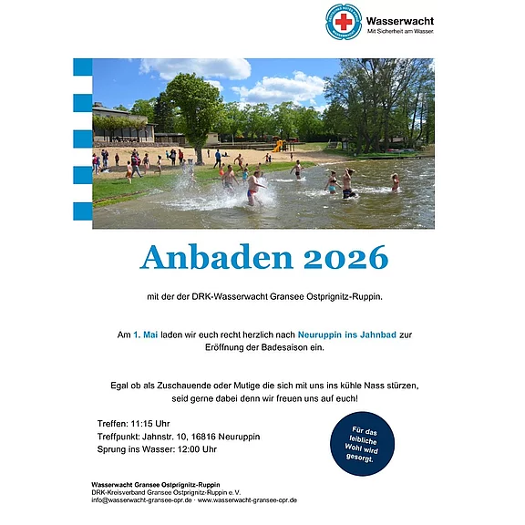Plakat: Einladung zum Anbaden 2026 der DRK-Wasserwacht Gransee/Ostprignitz-Ruppin. Eröffnung der Badesaison am 1. Mai im Jahnbad Neuruppin. Treffen 11:15 Uhr, Jahnstraße 10, 16816 Neuruppin; Sprung ins Wasser 12:00 Uhr. Zuschauer und Mutige willkommen; für das leibliche Wohl ist gesorgt.