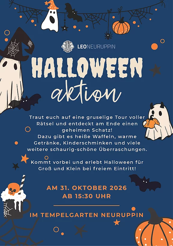 Plakat kündigt Halloween-Aktion an: gruselige Rätseltour mit geheimem Schatz, heiße Waffeln, warme Getränke, Kinderschminken, viele Überraschungen, freier Eintritt. Am 31. Oktober 2026 ab 15:30 Uhr im Tempelgarten Neuruppin.