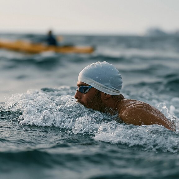 Eine Person mit weißer Badekappe und Schwimmbrille schwimmt im offenen, welligen Gewässer; Gischt spritzt auf, Hintergrund verschwommen.