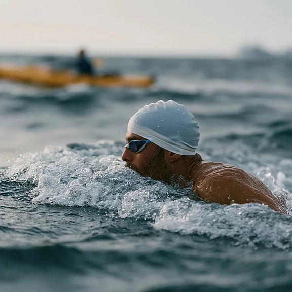 Eine Person mit weißer Badekappe und Schwimmbrille schwimmt im offenen, welligen Gewässer; Gischt spritzt auf, Hintergrund verschwommen.