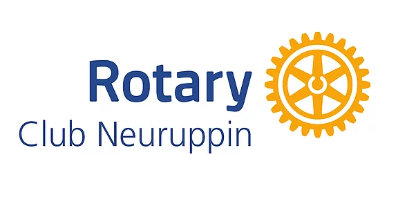 Das Bild zeigt das Logo des Rotary Clubs Neuruppin, bestehend aus dem Schriftzug "Rotary" und "Club Neuruppin" in Blau, neben einem orangefarbenen Zahnrad-Symbol.