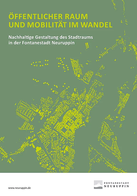 Das Bild zeigt eine Informationsgrafik zum Thema "Öffentlicher Raum und Mobilität im Wandel" mit dem Fokus auf nachhaltige Stadtgestaltungsansätze in Neuruppin. Die Inhalte sind auf einem einheitlichen, farbigen Hintergrund angeordnet, um die Botschaft klar und verständlich zu vermitteln.
