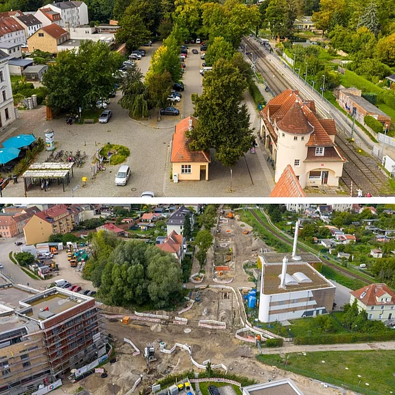 Zweiteilige Luftaufnahme: Oben kleiner Bahnhof mit Gleisen und baumbestandenem Parkplatz. Unten weitläufige Baustelle im Wohngebiet mit Erdarbeiten, Baumaschinen und angelegten Wegen oder Gräben.