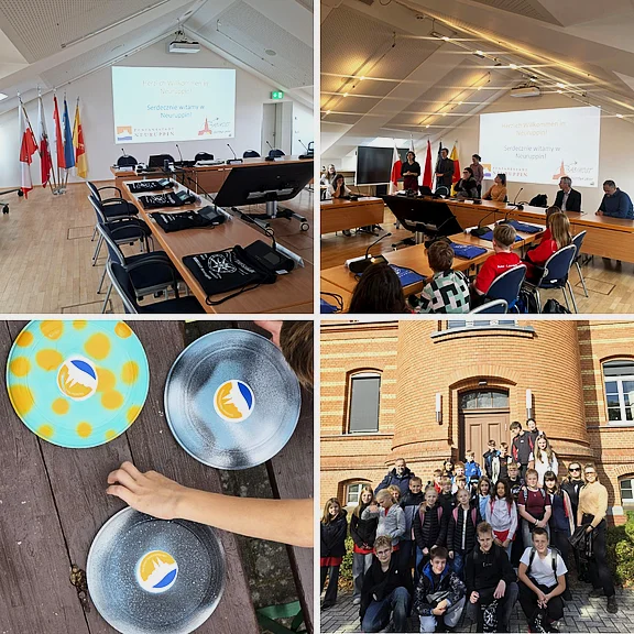 Collage: Seminarraum mit Präsentationsfolie; Teilnehmende sitzen an Tischen und hören zu; daneben bunte Donuts auf Tellern, eine Kinderhand greift zu; unten rechts Gruppenfoto vieler Menschen vor einem Backsteingebäude. Darstellung eines Workshops/Community-Treffens mit Verpflegung und Abschlussfoto.