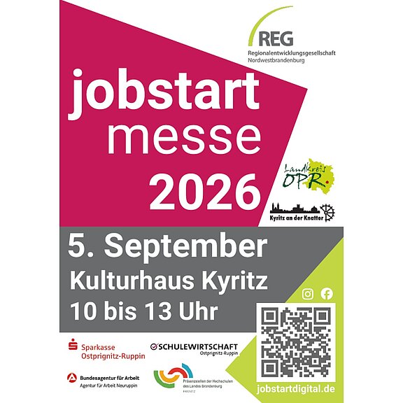 Plakat für die Jobstart Messe 2026: 5. September, Kulturhaus Kyritz, 10–13 Uhr. QR-Code und Webadresse jobstartdigital.de, mehrere Logos der Veranstalter und Partner.