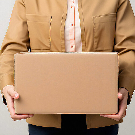 Eine Person in einem beige Kleidungsstück hält ein unbeschriftetes, braunes Paket vor sich. Die Arme sind leicht angewinkelt, während die Person das Paket mit beiden Händen stützt. Der Fokus liegt auf dem Paket und der Haltung der Person.
