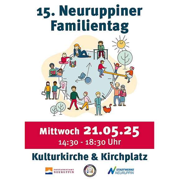 Der Text informiert über den 15. Neuruppiner Familientag am Mittwoch, den 21. Mai 2025, von 14:30 bis 18:30 Uhr. Die Veranstaltung findet in der Kulturkirche und auf dem Kirchplatz statt. Es sind verschiedene Aktivitäten für Familien und Kinder geplant.