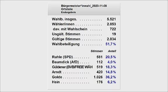 Das Bild zeigt die Ergebnisse der Bürgermeisterwahl vom 8. November 2020. Insgesamt wurden 5.521 Stimmen abgegeben, davon 2.834 gültige Stimmen. Die Wahlbeteiligung betrug 51,7 %. Die meisten Stimmen erhielt Golde mit 36,2 %, gefolgt von Ruhle mit 20,5 %.